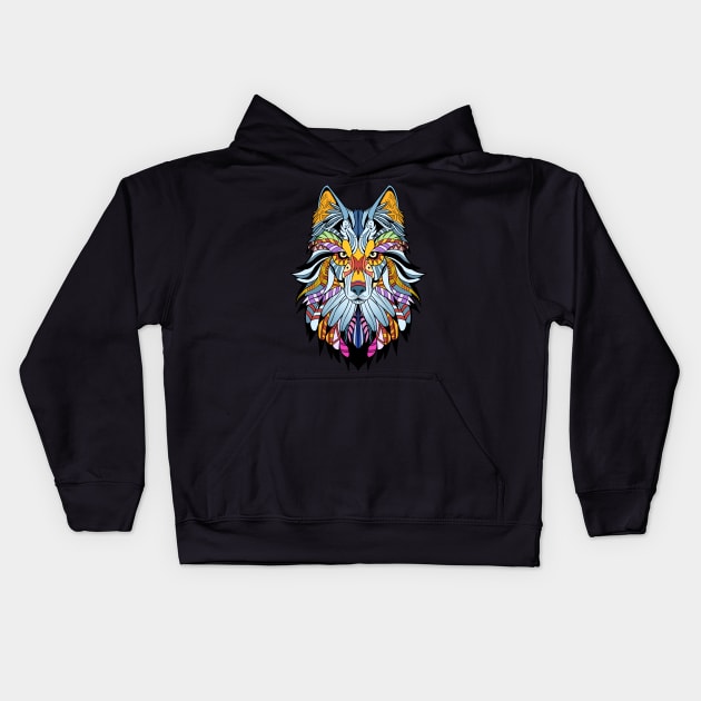 Wolf Gift Product Awesome Native American Art style Wolf Print Kids Hoodie by Linco